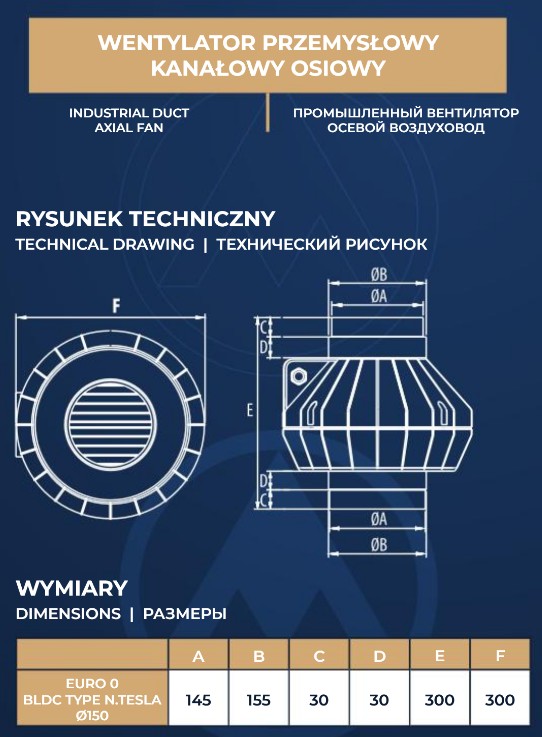 EURO 0 150/160 BLDC N.TESLA wentylator kanałowy / duct fan - obrazek 3