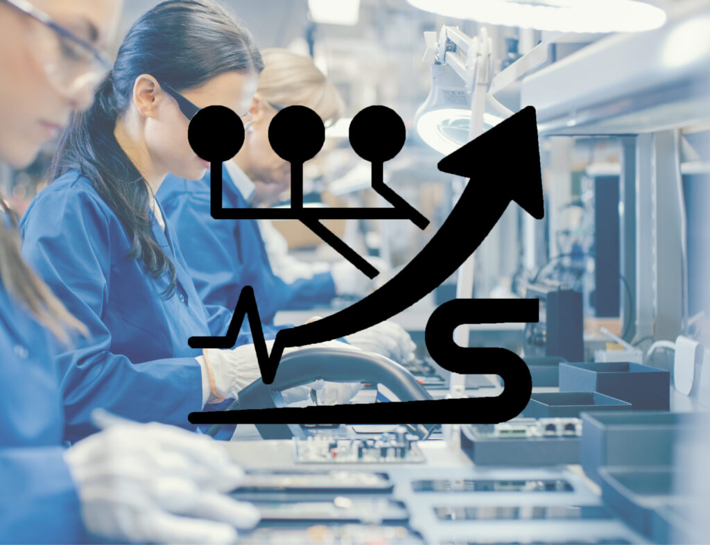 Ikona reprezentująca potrójny hallotron w wentylatorach Dospel na tle fabryki elektroniki